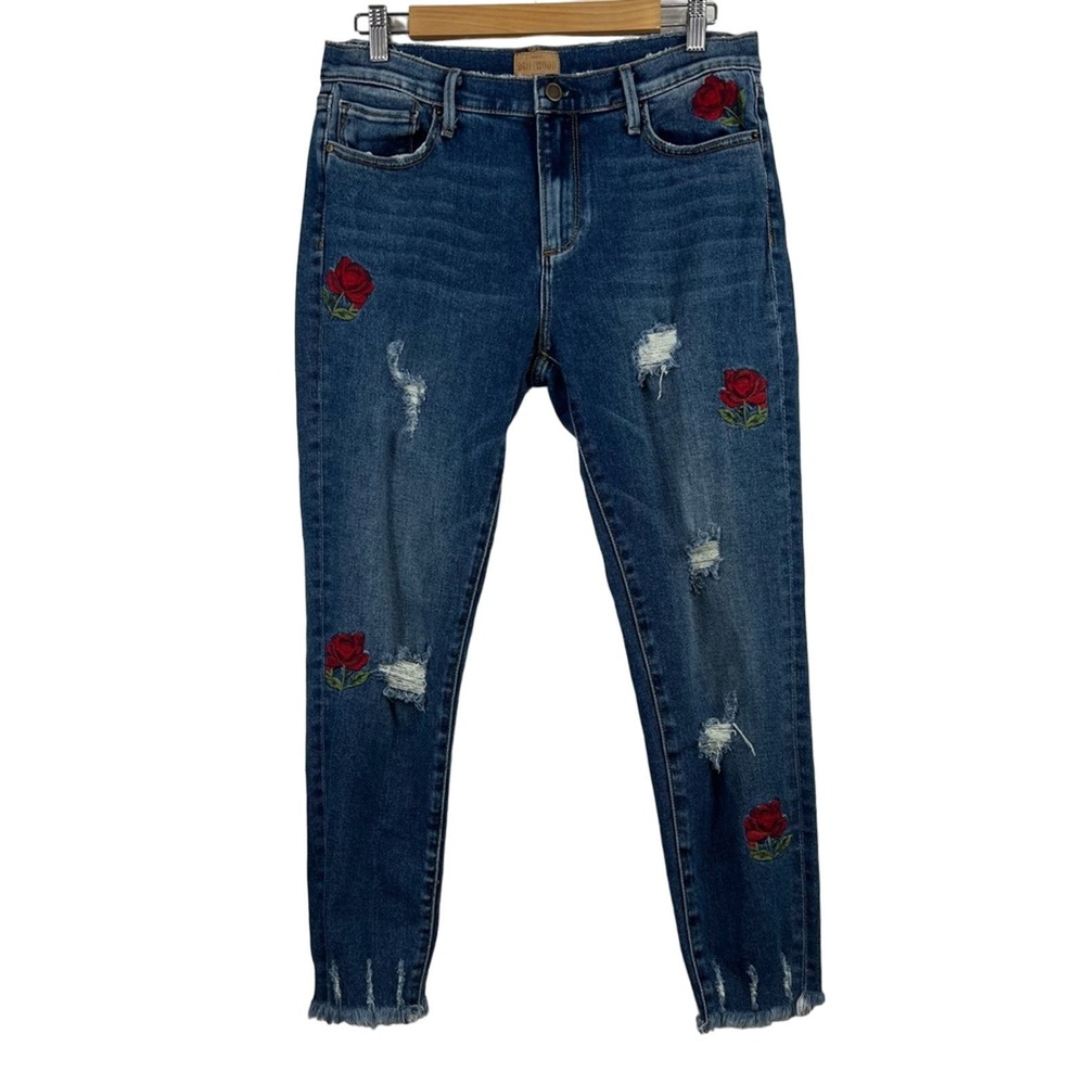 Driftwood Joyce Boho Rose Embroidered Distressed Raw Hem Cropped Jeans Size 26 - Picture 2 of 11
